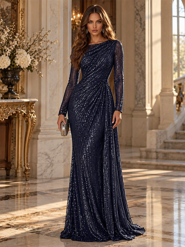 Sequin Mermaid Round Neck Long Evening Dresses with Sequin