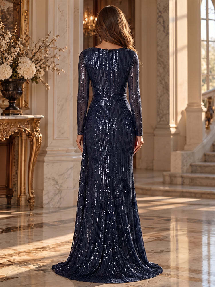 Sequin Mermaid Round Neck Long Evening Dresses with Sequin