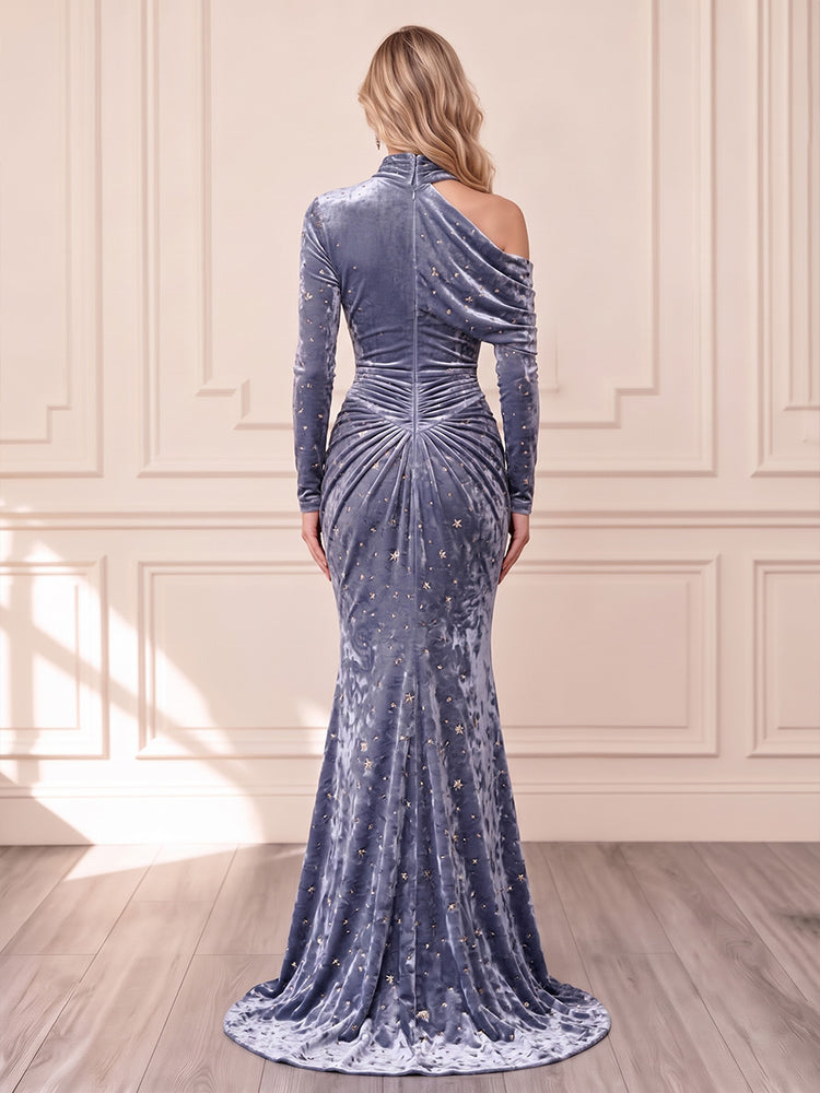 Velvet Mermaid High-Neck Asymmetric Long Evening Dresses with Ruched