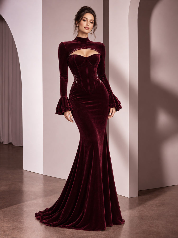 Velvet Mermaid High-Neck Asymmetric Long Evening Dresses with Rhinestone