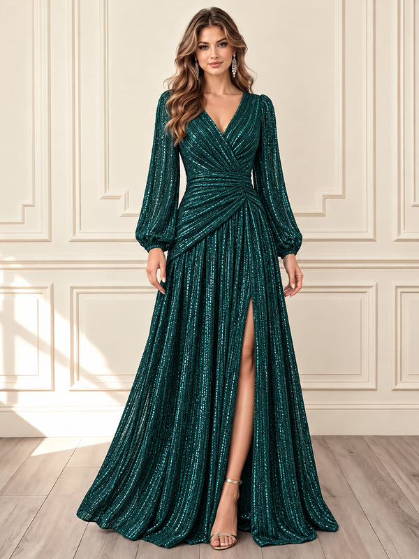 A-Line V Neck Long Evening Dresses with Side Slit