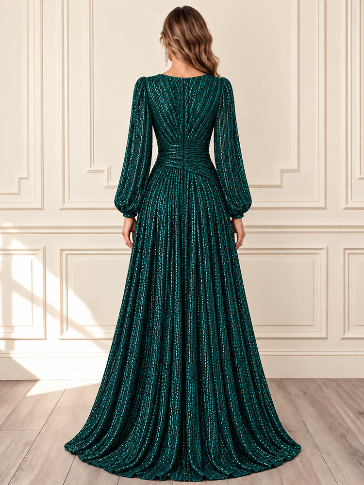 A-Line V Neck Long Evening Dresses with Side Slit