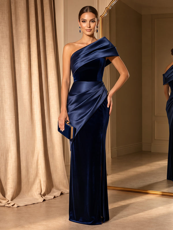 Velvet Mermaid One Shoulder Long Evening Dresses with Ruched