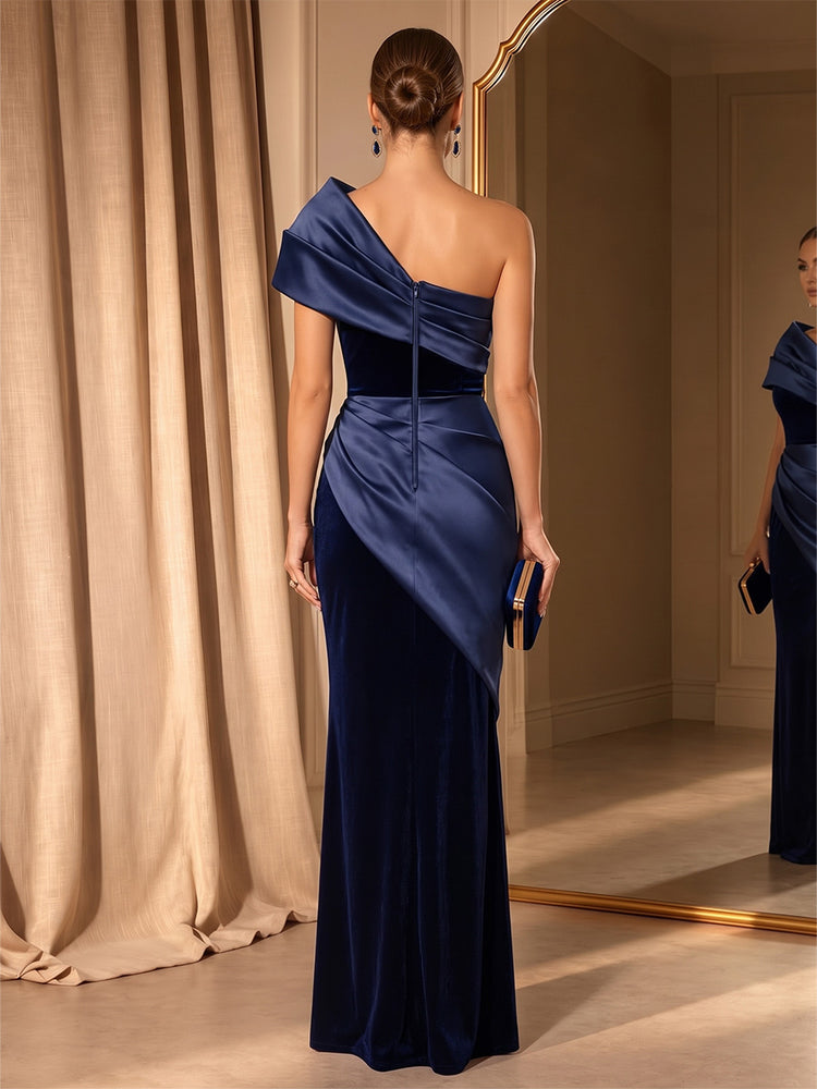 Velvet Mermaid One Shoulder Long Evening Dresses with Ruched