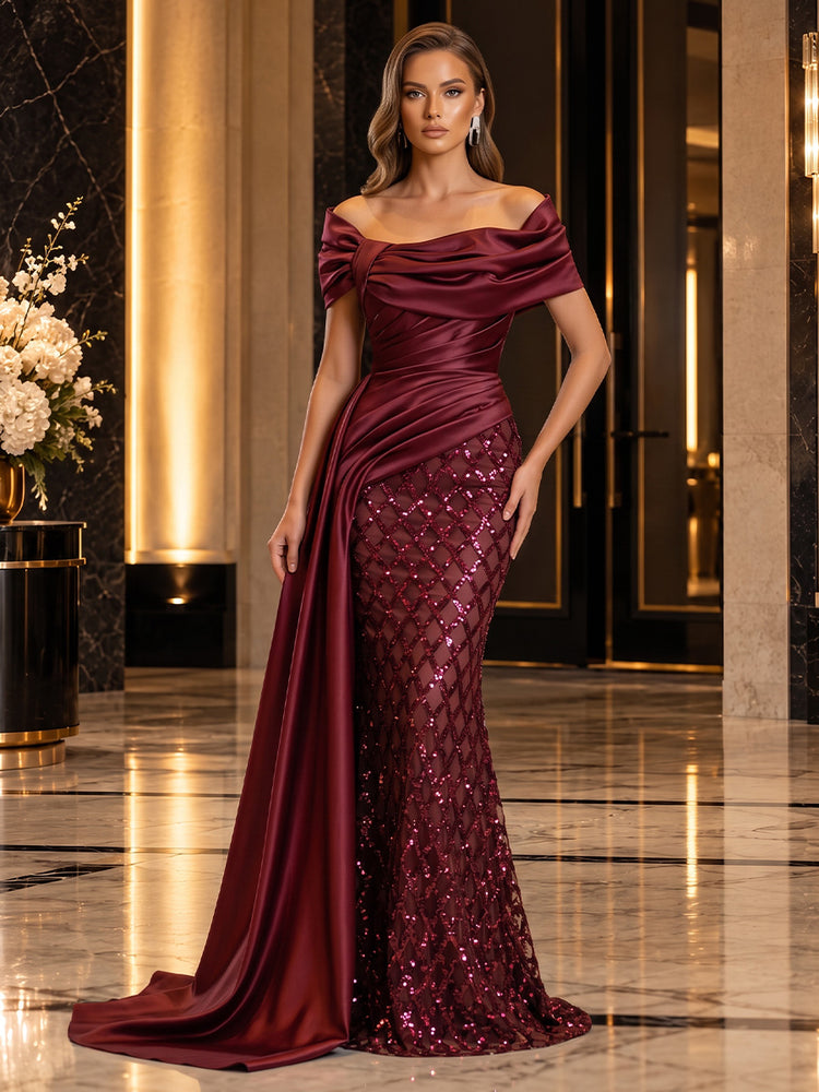 Sequin Mesh Mermaid Off the Shoulder Long Evening Dresses with Waist Sash