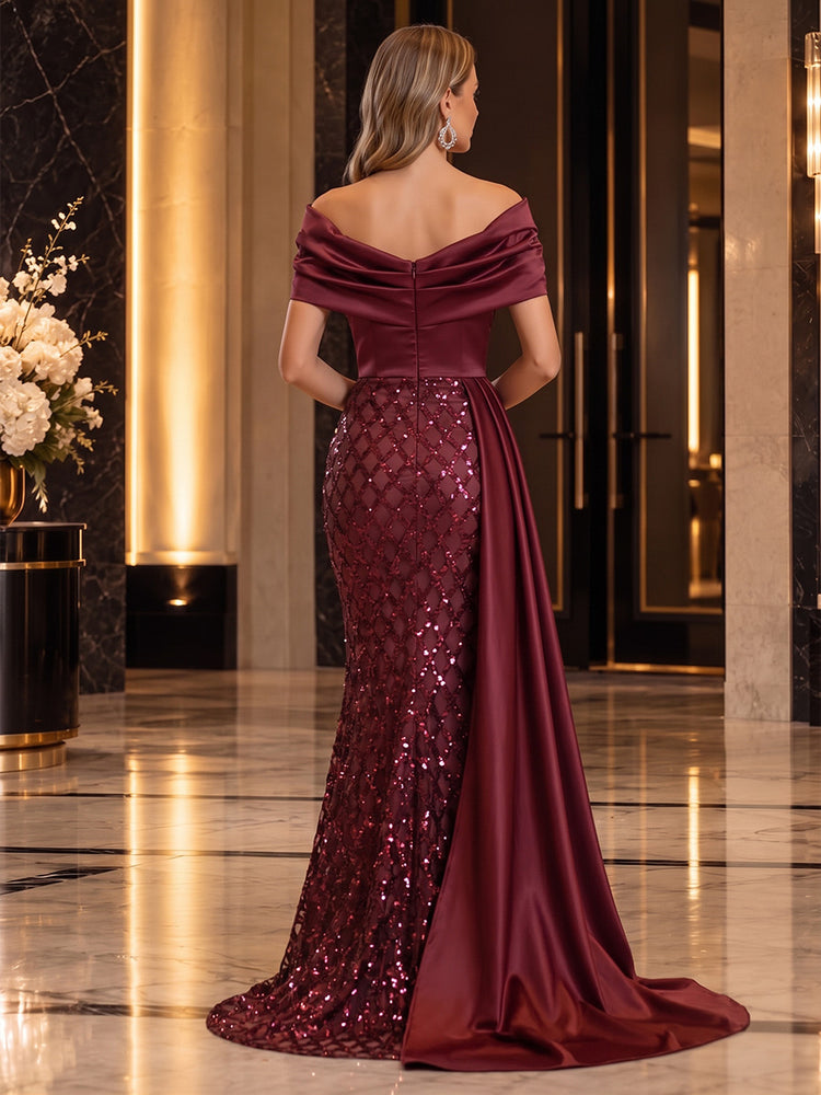 Sequin Mesh Mermaid Off the Shoulder Long Evening Dresses with Waist Sash