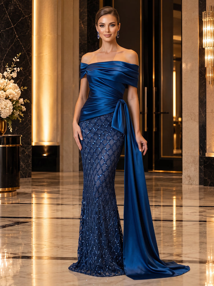 Sequin Mesh Mermaid Off the Shoulder Long Evening Dresses with Waist Sash
