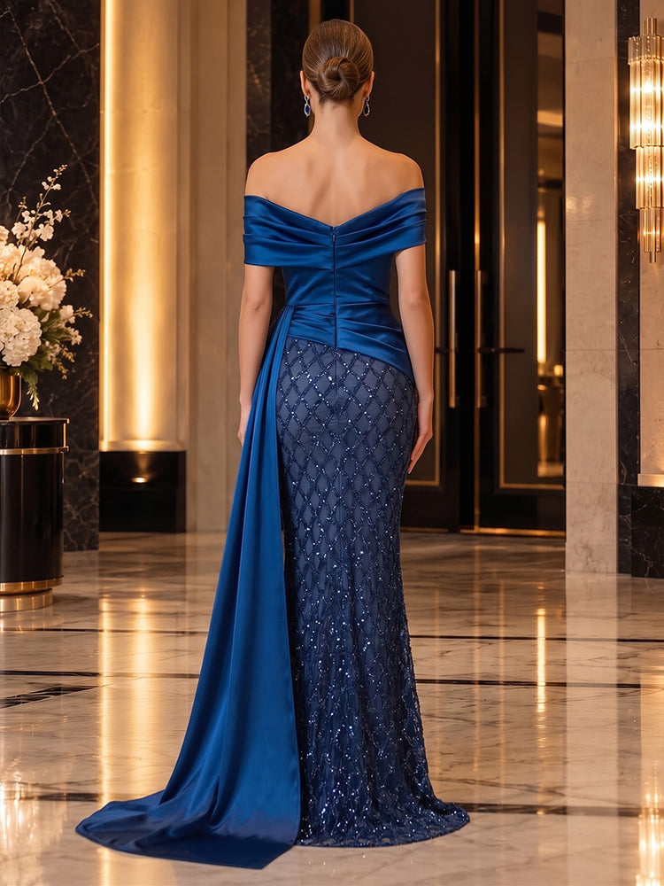 Sequin Mesh Mermaid Off the Shoulder Long Evening Dresses with Waist Sash