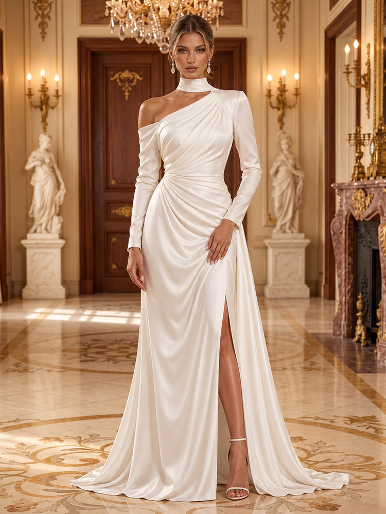 Satin A-Line High-Neck Asymmetric Long Evening Dresses with Ruched