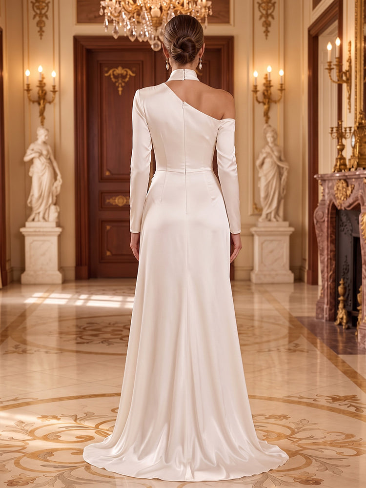 Satin A-Line High-Neck Asymmetric Long Evening Dresses with Ruched