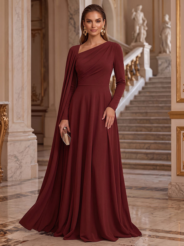 Chiffon A-Line Asymmetric Neck Long Evening Dresses with Cape