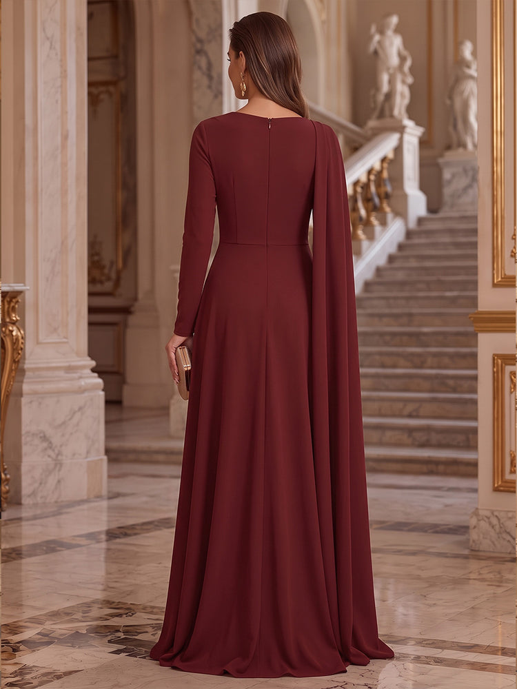 Chiffon A-Line Asymmetric Neck Long Evening Dresses with Cape