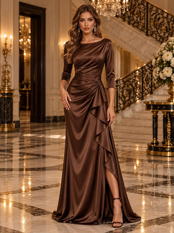 Satin Mermaid Round Neck Long Evening Dresses with Waist Sash