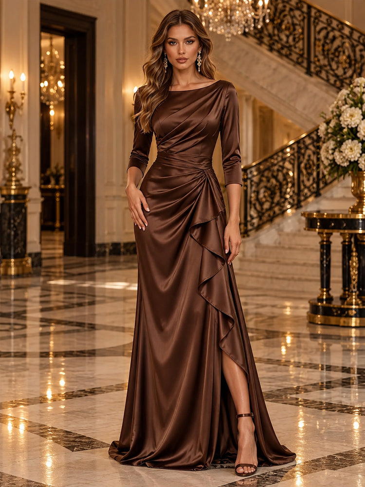 Satin Mermaid Round Neck Long Evening Dresses with Waist Sash