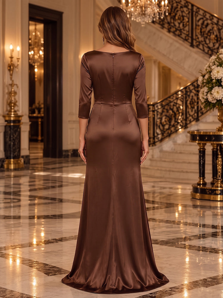 Satin Mermaid Round Neck Long Evening Dresses with Waist Sash