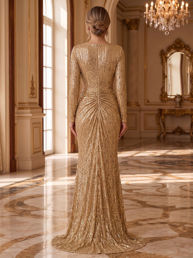 Sequin Mesh Mermaid V Neck Long Evening Dresses with Slit