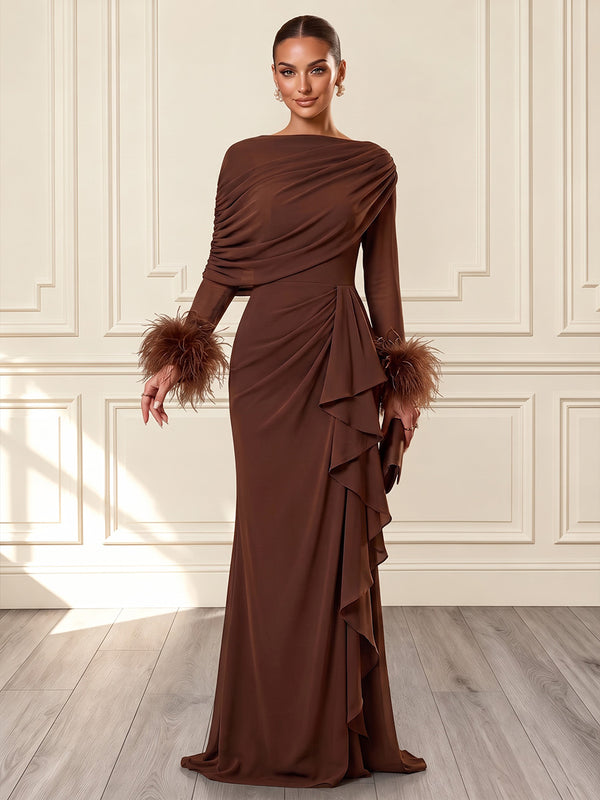 Stretch Chiffon Mermaid Round Neck Long Evening Dresses with Feather