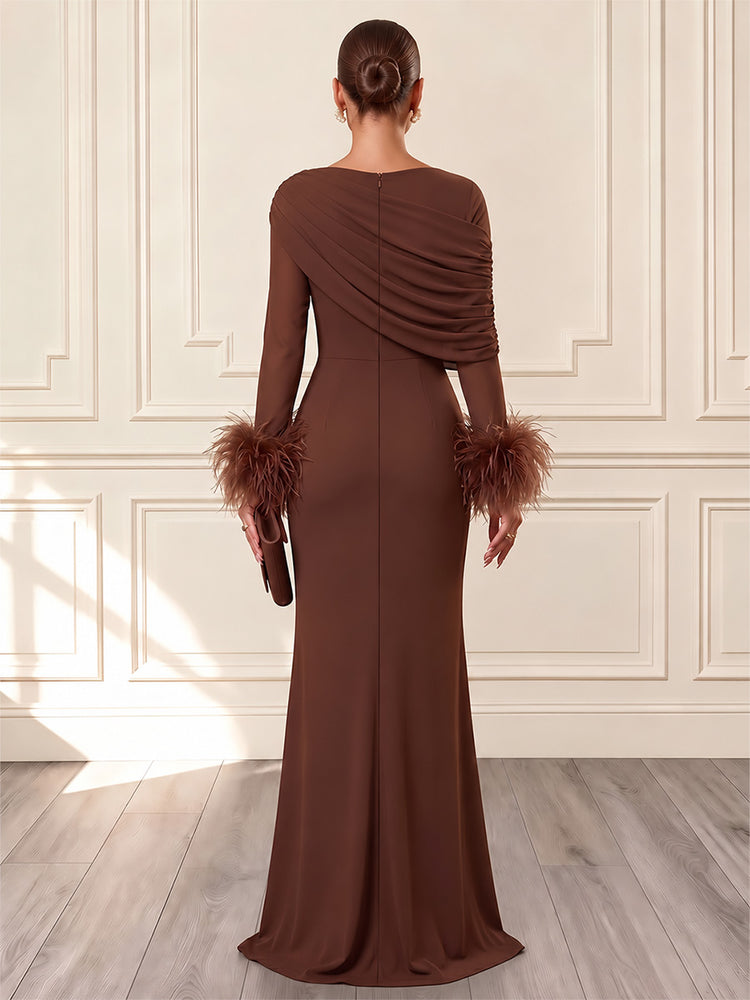 Stretch Chiffon Mermaid Round Neck Long Evening Dresses with Feather