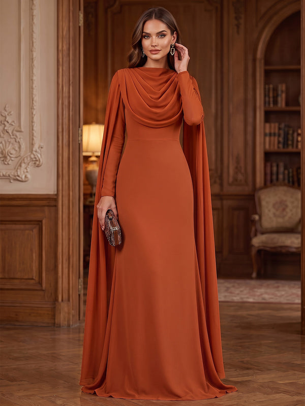 Stretch Chiffon Mermaid Round Neck Long Evening Dresses with Cape