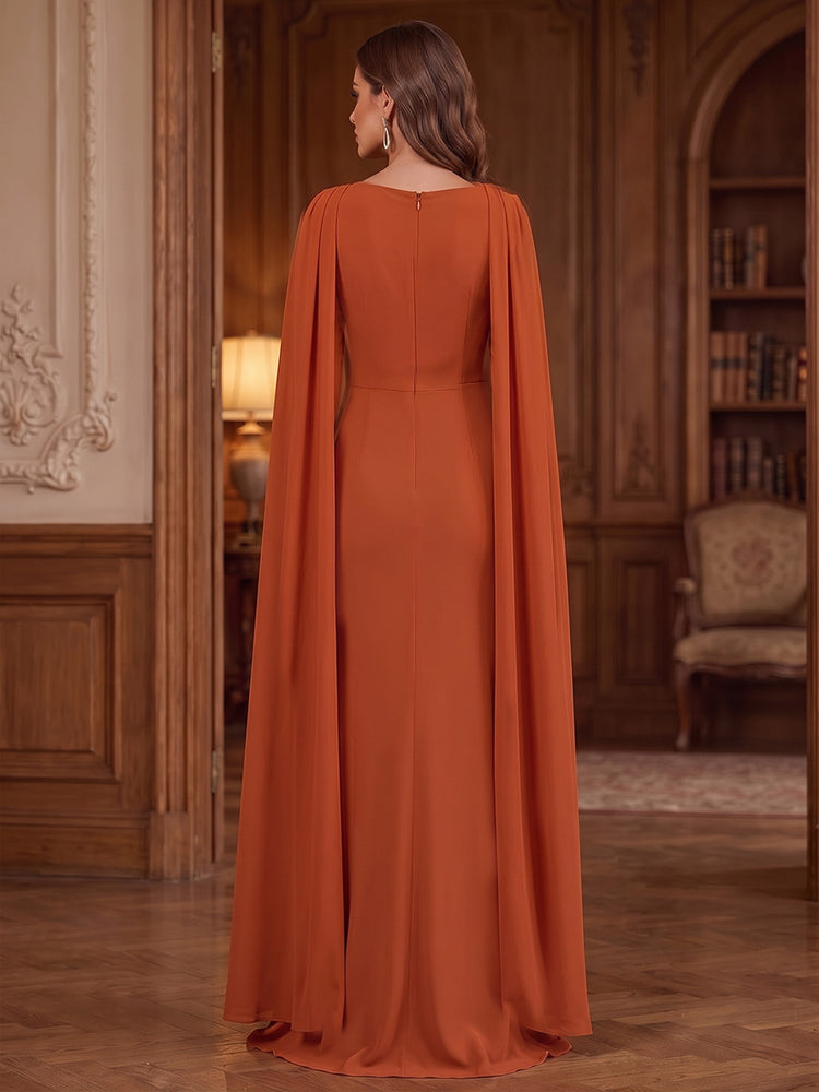 Stretch Chiffon Mermaid Round Neck Long Evening Dresses with Cape