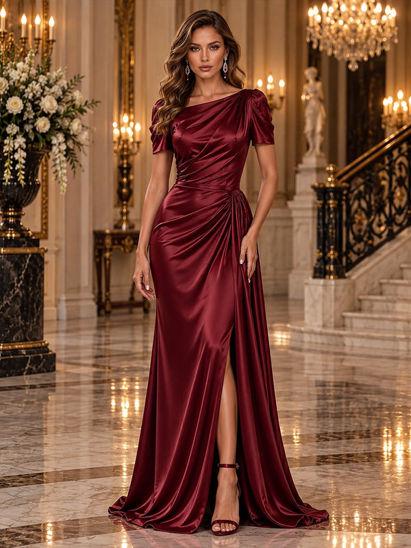 Satin Mermaid Asymmetric Neck Long Evening Dresses with Slit