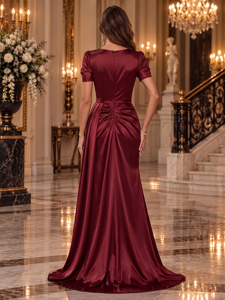 Satin Mermaid Asymmetric Neck Long Evening Dresses with Slit