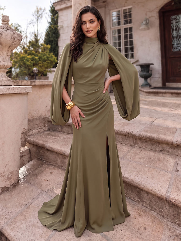Stretch Chiffon Mermaid High Neck Long Evening Dresses with Slit