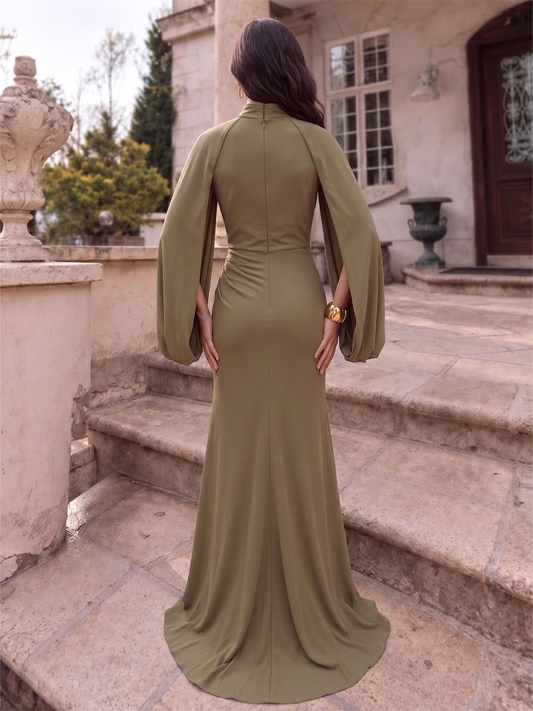 Stretch Chiffon Mermaid High Neck Long Evening Dresses with Slit