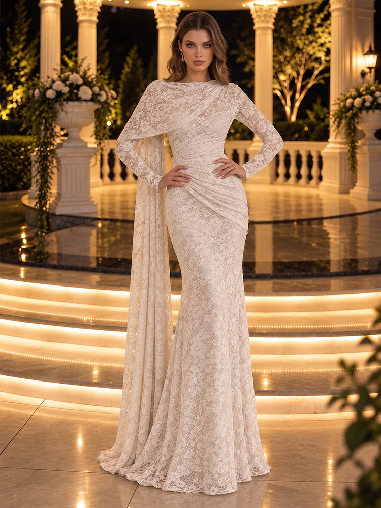 Lace Mermaid Round Neck Long Evening Dresses with Sash