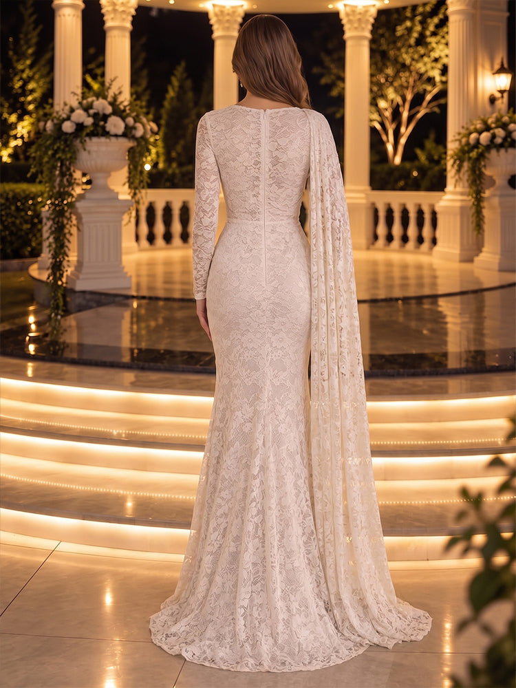 Lace Mermaid Round Neck Long Evening Dresses with Sash