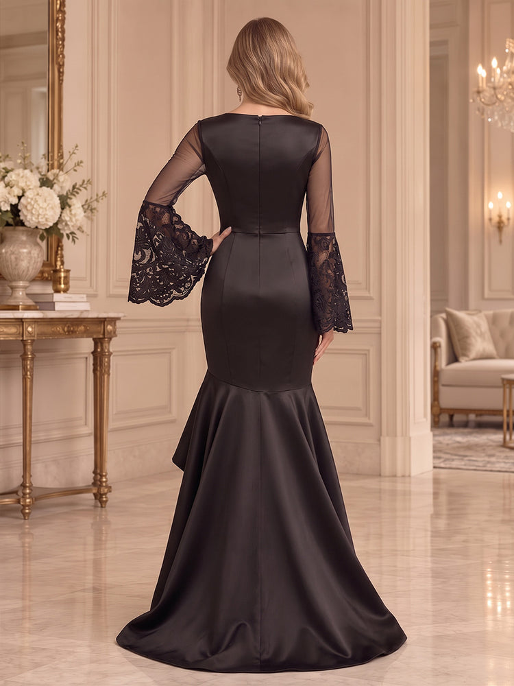 Satin Mermaid Round Neck Long Evening Dresses with Tiered