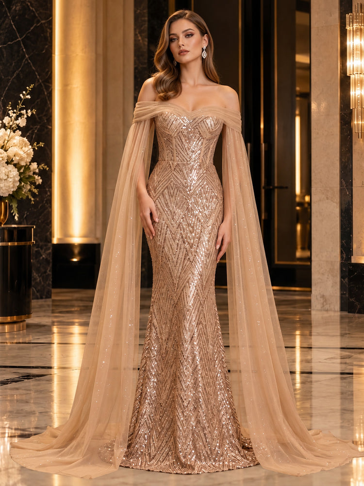 Sequin Mesh Mermaid Off the Shoulder Long Evening Dresses with Ruched