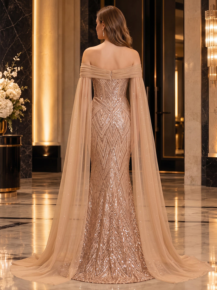 Sequin Mesh Mermaid Off the Shoulder Long Evening Dresses with Ruched