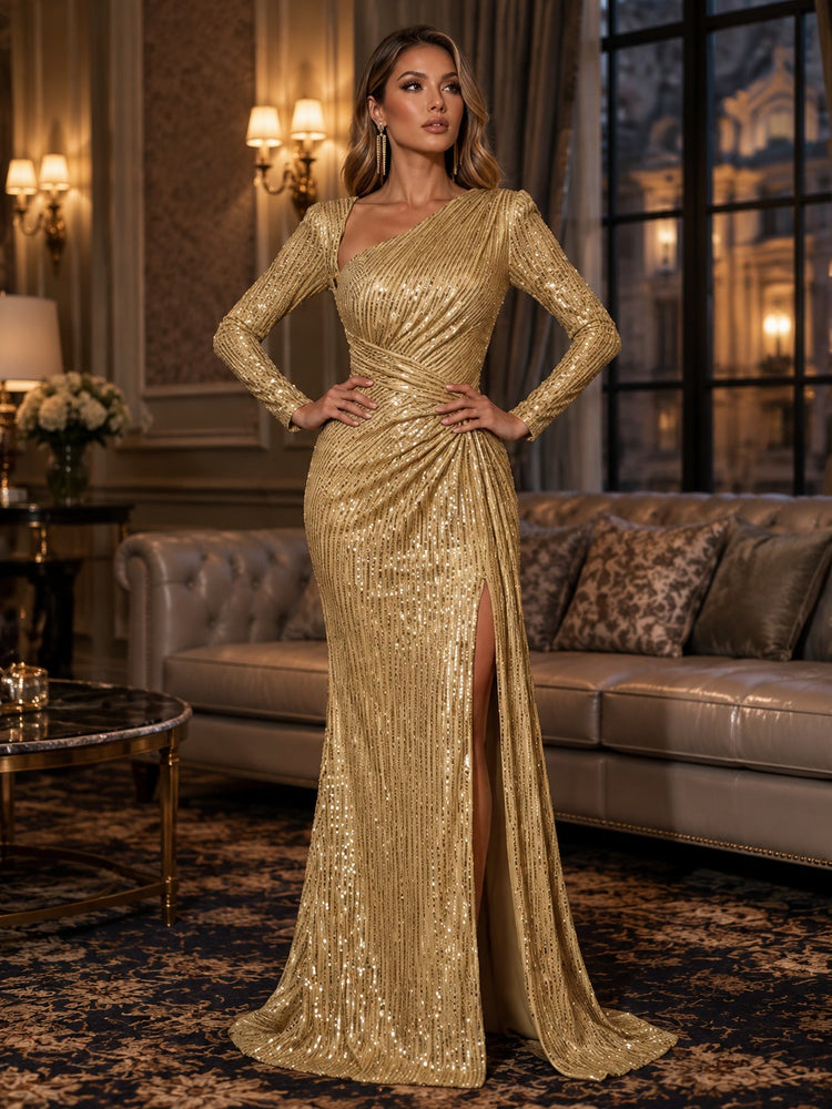 Sequin Mesh Mermaid Asymmetric Neck Long Evening Dresses with Slit