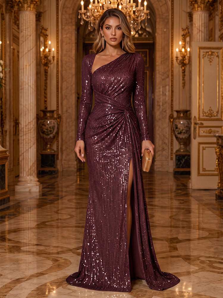 Sequin Mesh Mermaid Asymmetric Neck Long Evening Dresses with Slit