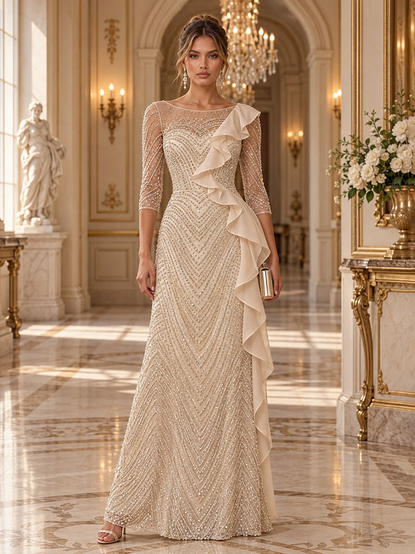 Beaded Mesh Mermaid Illusion Long Evening Dresses with Illusion Mesh