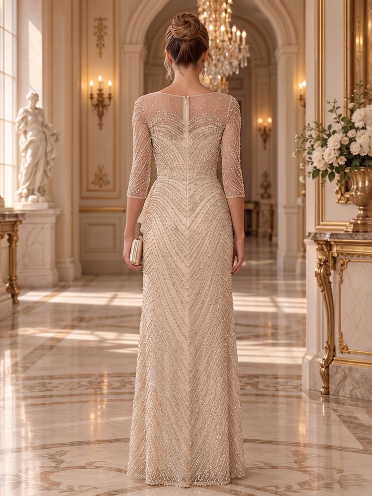 Beaded Mesh Mermaid Illusion Long Evening Dresses with Illusion Mesh