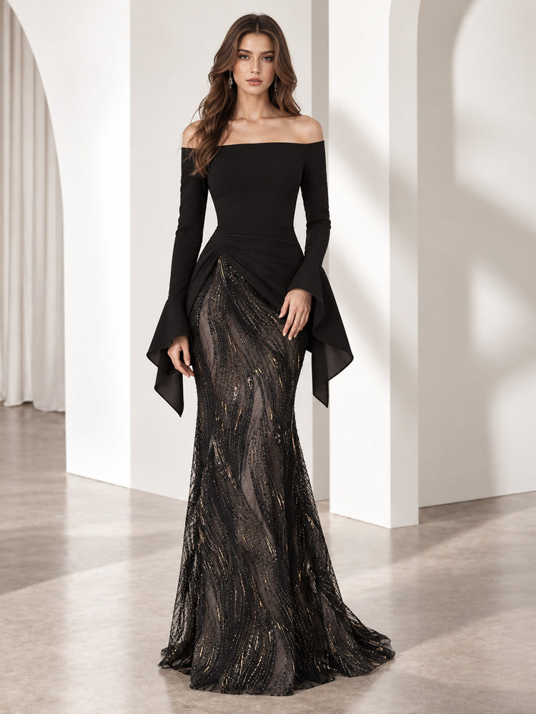 Sequin Mesh Mermaid Off the Shoulder Long Evening Dresses with Ruched