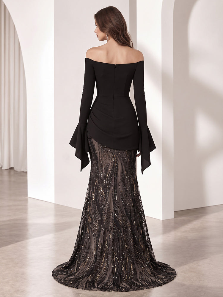 Sequin Mesh Mermaid Off the Shoulder Long Evening Dresses with Ruched