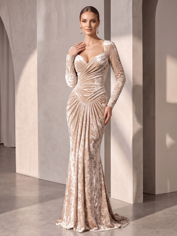 Velvet Mermaid U Neck Long Evening Dresses with  Drop Waist
