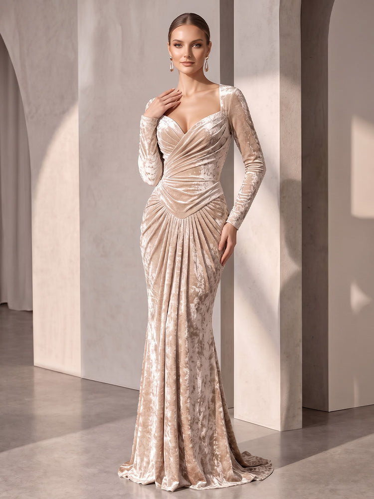 Velvet Mermaid U Neck Long Evening Dresses with  Drop Waist