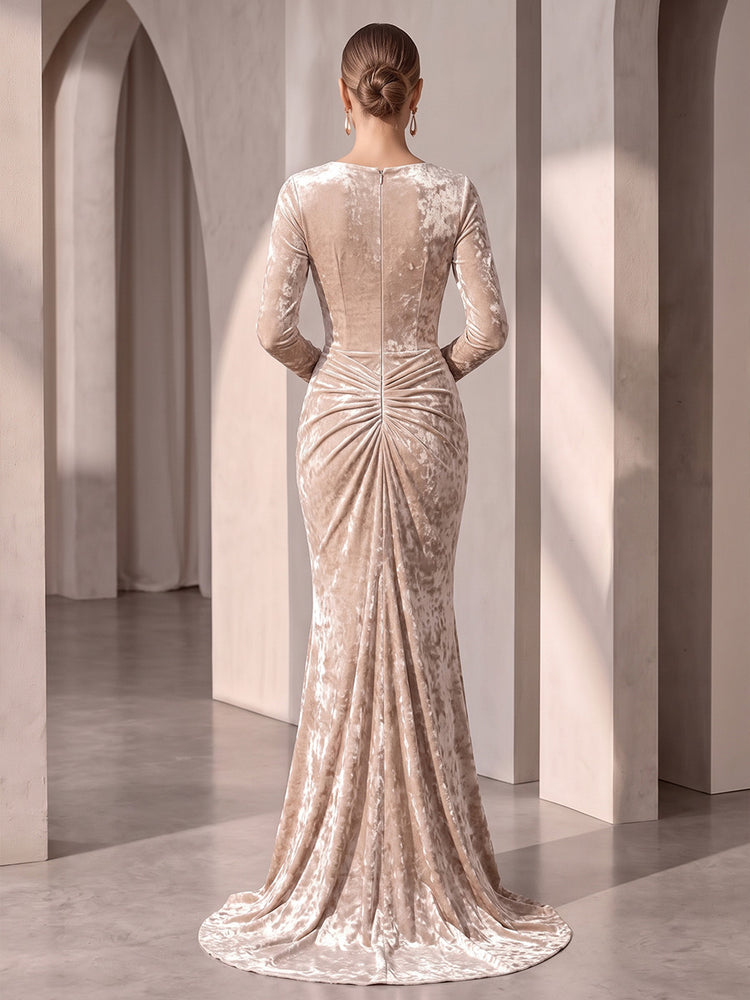 Velvet Mermaid U Neck Long Evening Dresses with  Drop Waist