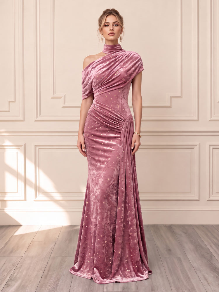 Velvet Mermaid High-Neck Asymmetric Long Evening Dresses with Waist Sash