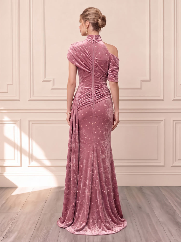 Velvet Mermaid High-Neck Asymmetric Long Evening Dresses with Waist Sash