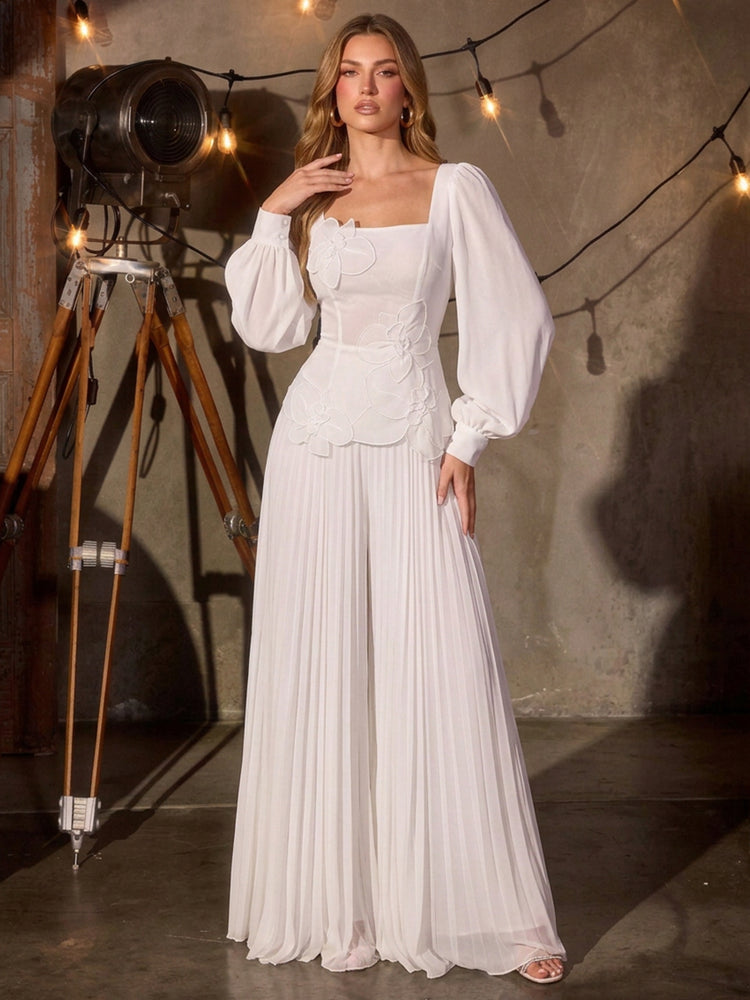 Chiffon Two-Piece Separates Square Neck Long Evening Dresses with 3D Flowers
