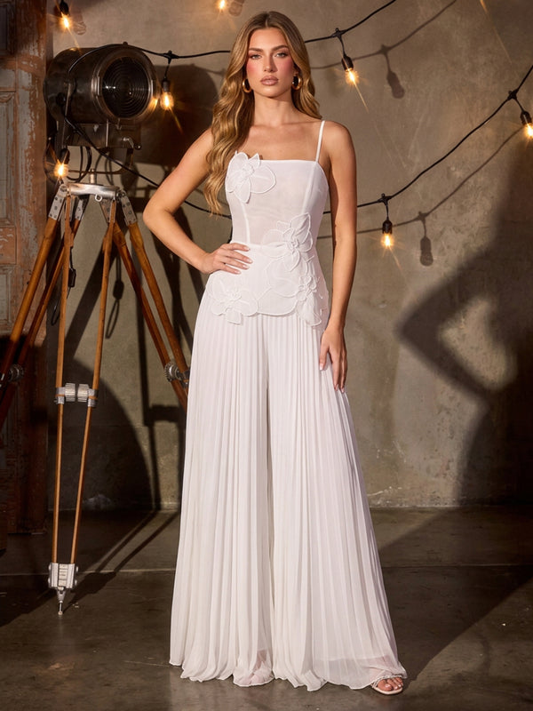 Chiffon Two-Piece Separates Spaghetti Straps Long Evening Dresses with 3D Flowers