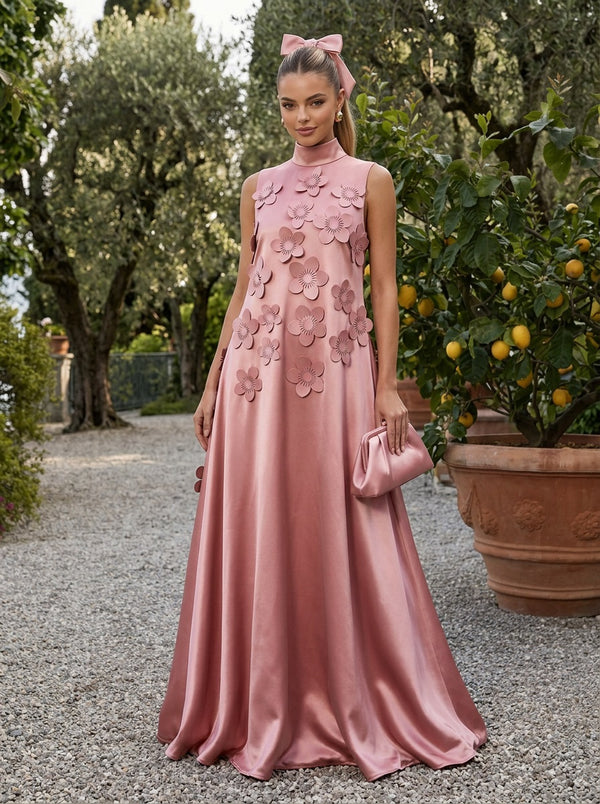 Satin A-Line High Neck Long Evening Dresses with 3D Flowers