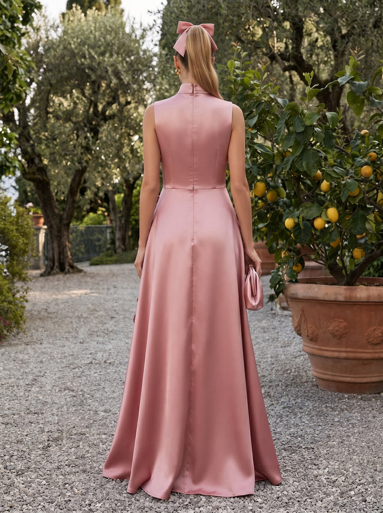 Satin A-Line High Neck Long Evening Dresses with 3D Flowers