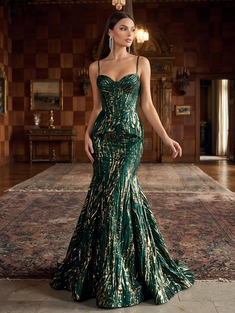 Jacquard Mermaid Spaghetti Straps Long Evening Dresses with Corset