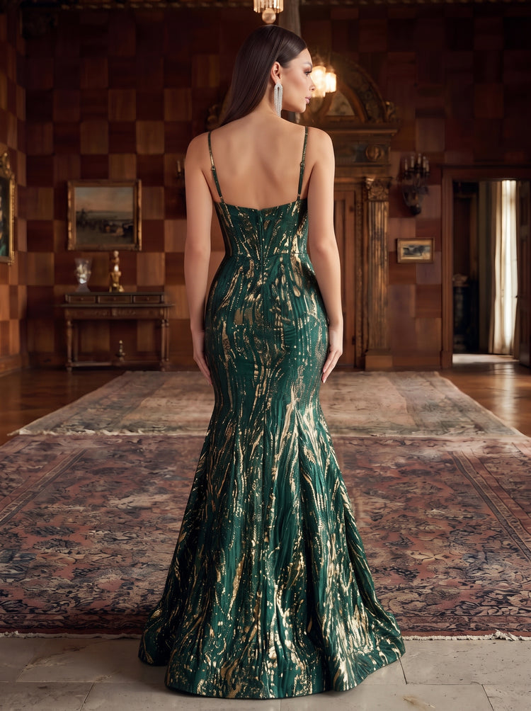 Jacquard Mermaid Spaghetti Straps Long Evening Dresses with Corset